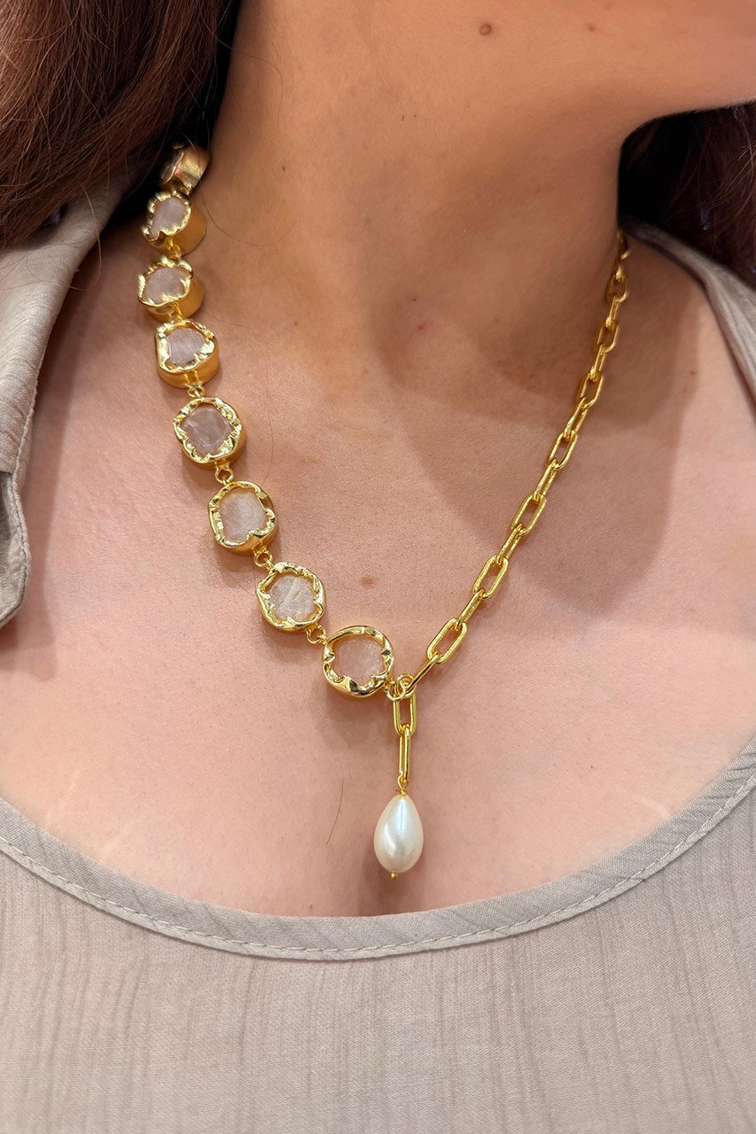 Rose Quartz Stone Pearl Necklace