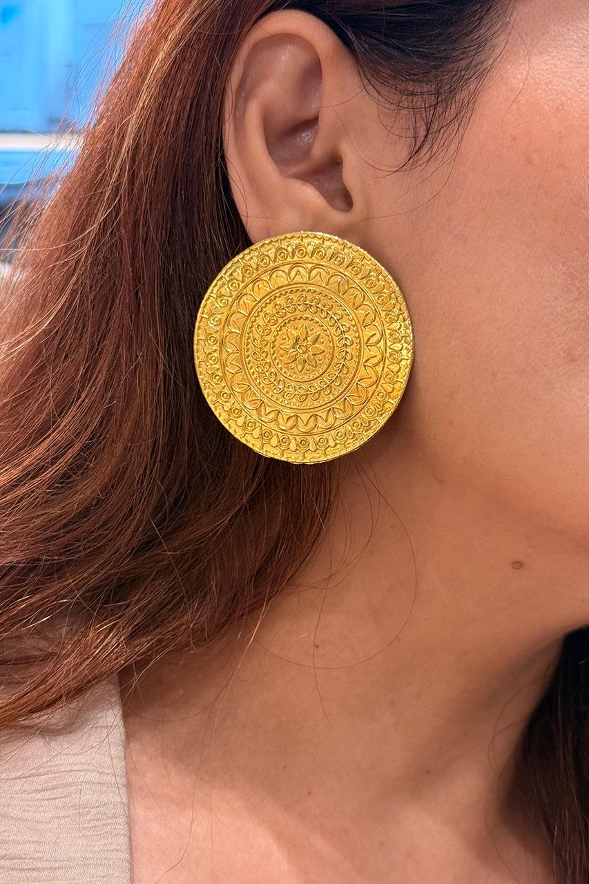 Brass Carved Round Earrings