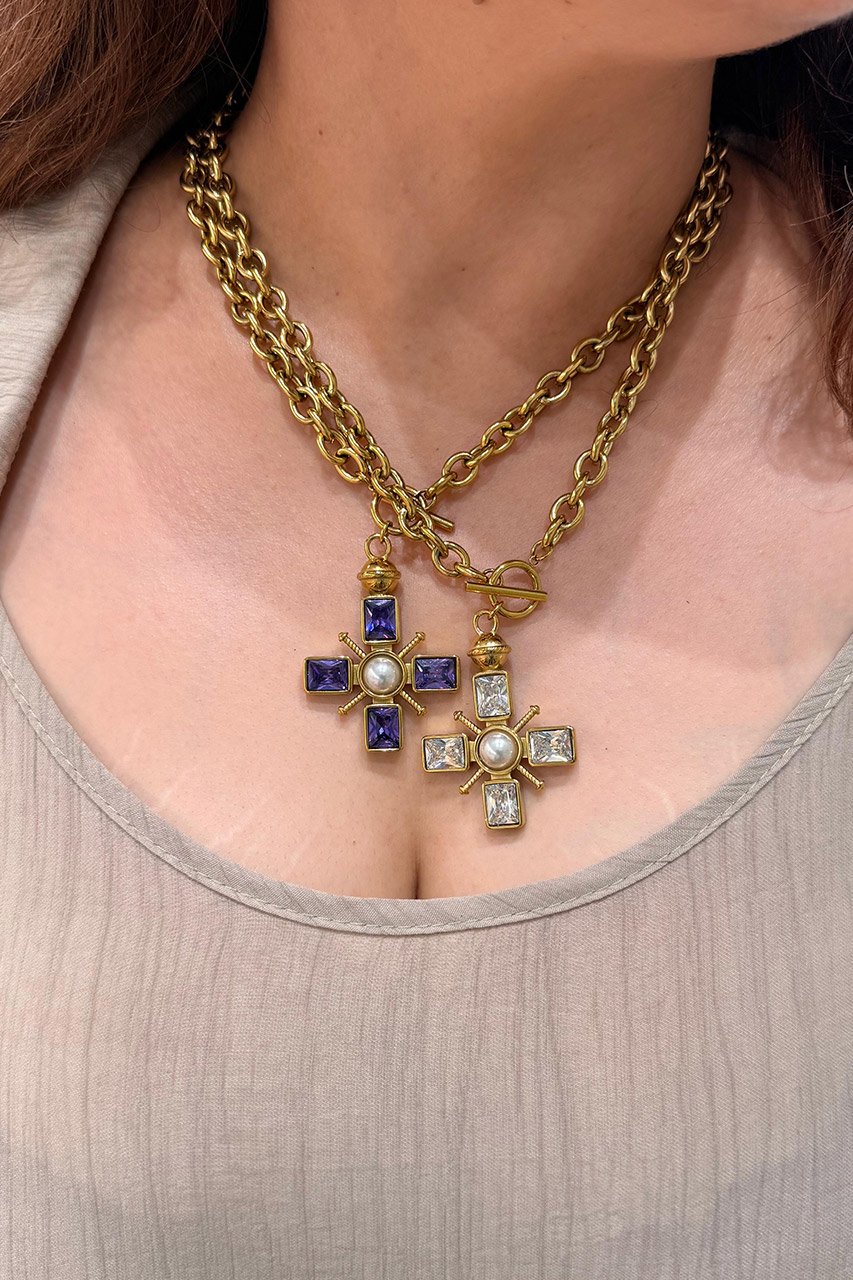 Amethyst and White Stone Cross Pendant Necklace