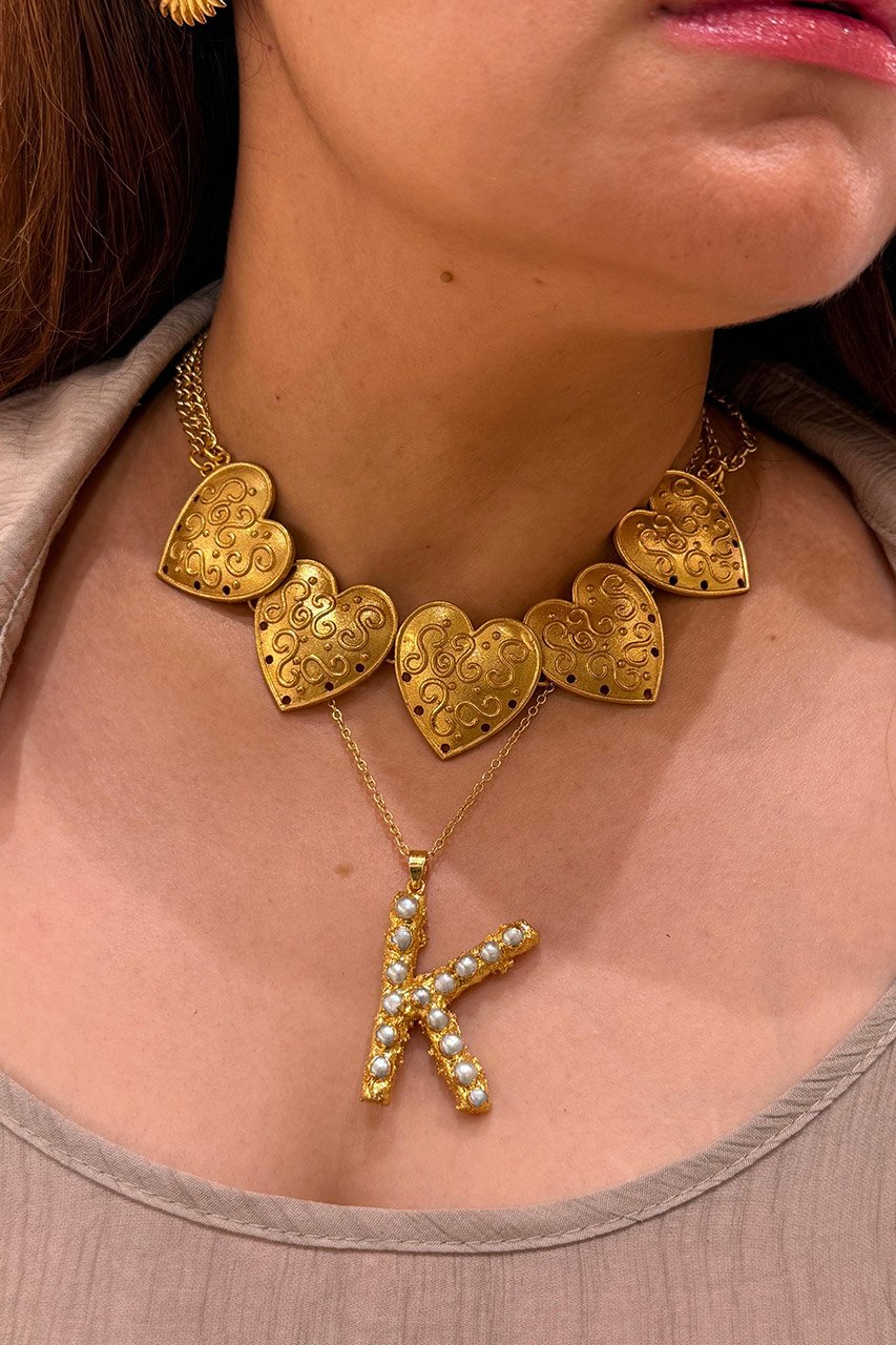 Heart Carved Choker Necklace And Initial K Letter Pearl Brass Locket