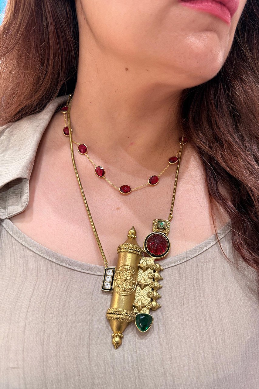 Vintage Ruby And Emerald Stone Long Necklace