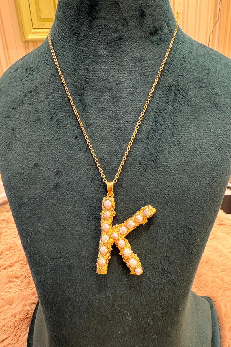 Heart Carved Choker Necklace And Initial K Letter Pearl Brass Locket - Image 2