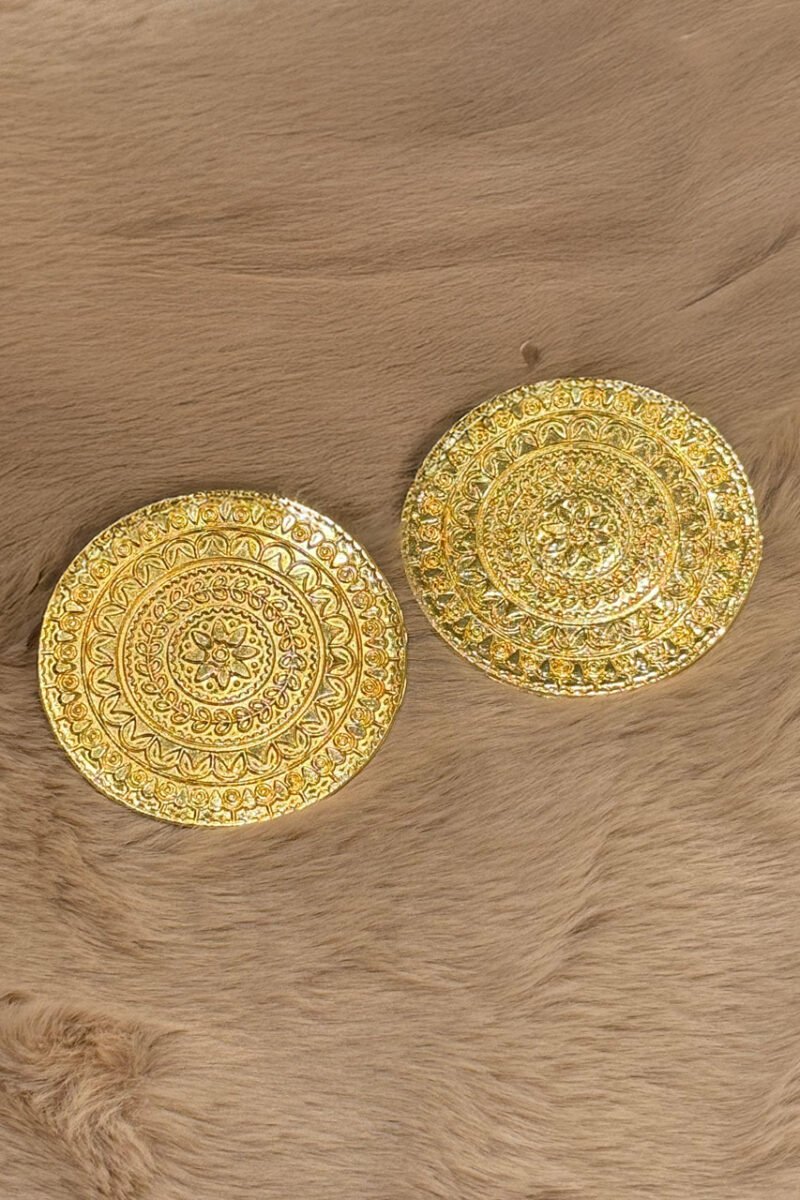 Brass Carved Round Earrings - Image 2
