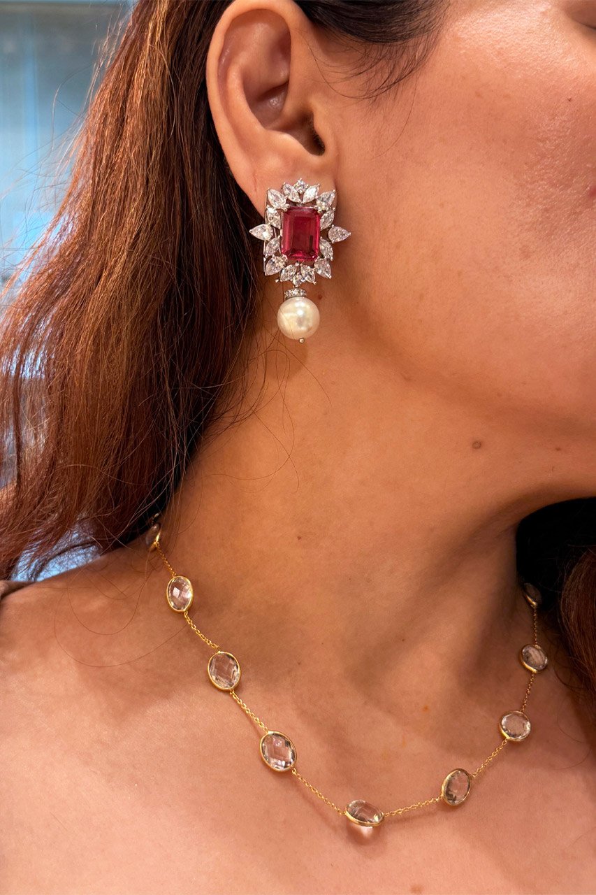 Amelia Zircon Ruby Pearl Studs